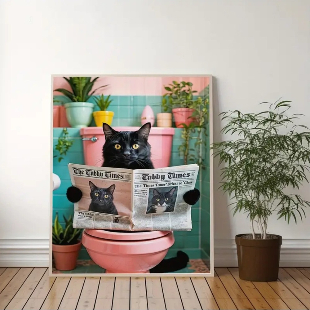 New Black Cat Bathroom Canvas Wall Art 12”x16” Unframed - Picture 5 of 5